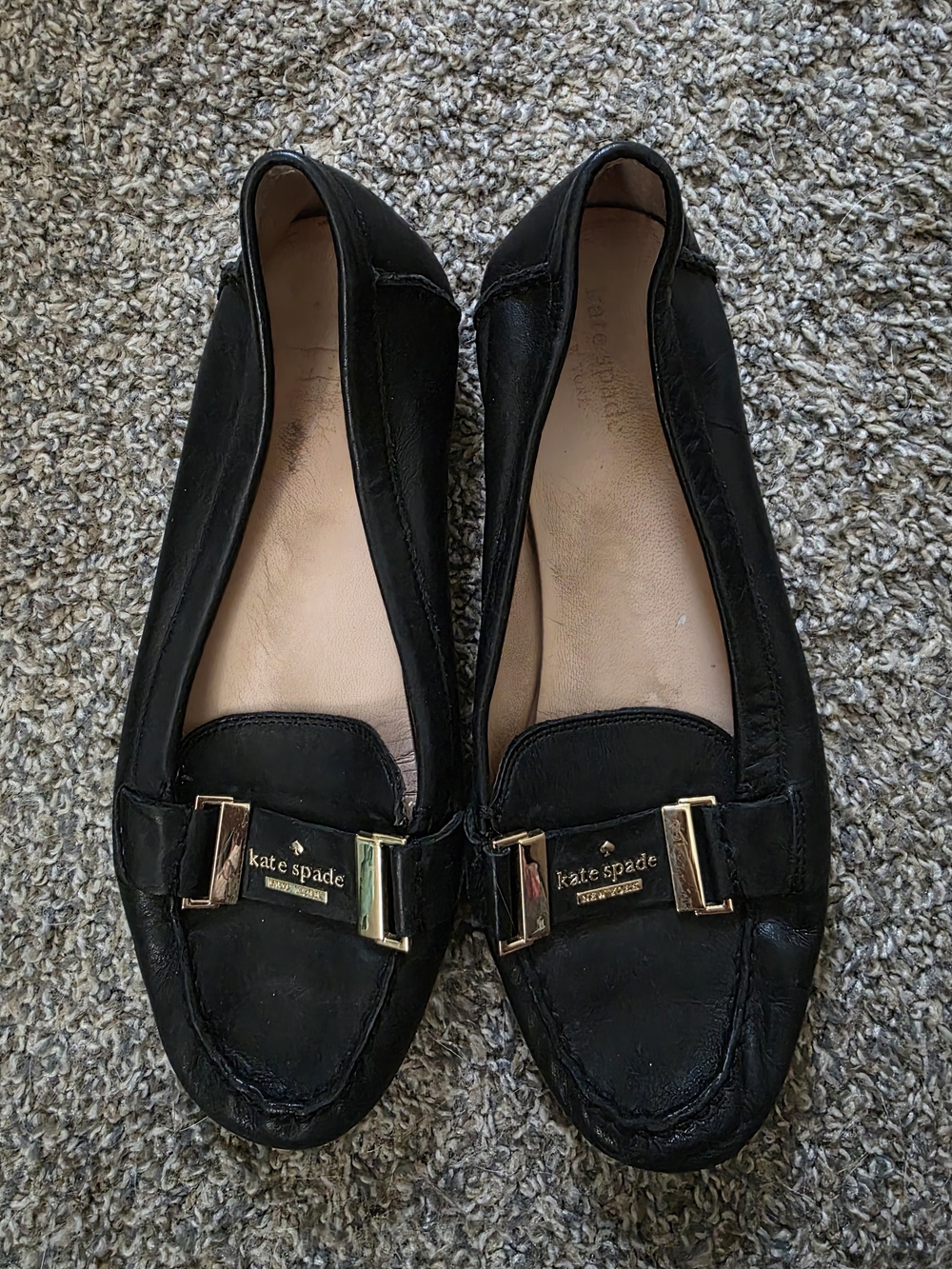 kate spade Black Leather Loafers with Gold Plaque
